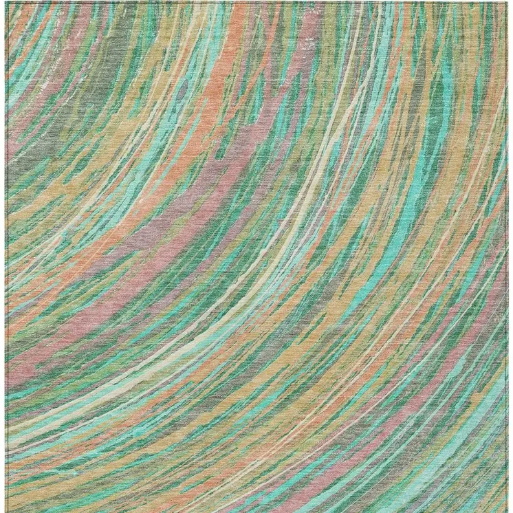 8' X 10' Teal Blue Pink And Peach Abstract Washable Indoor Outdoor Area Rug