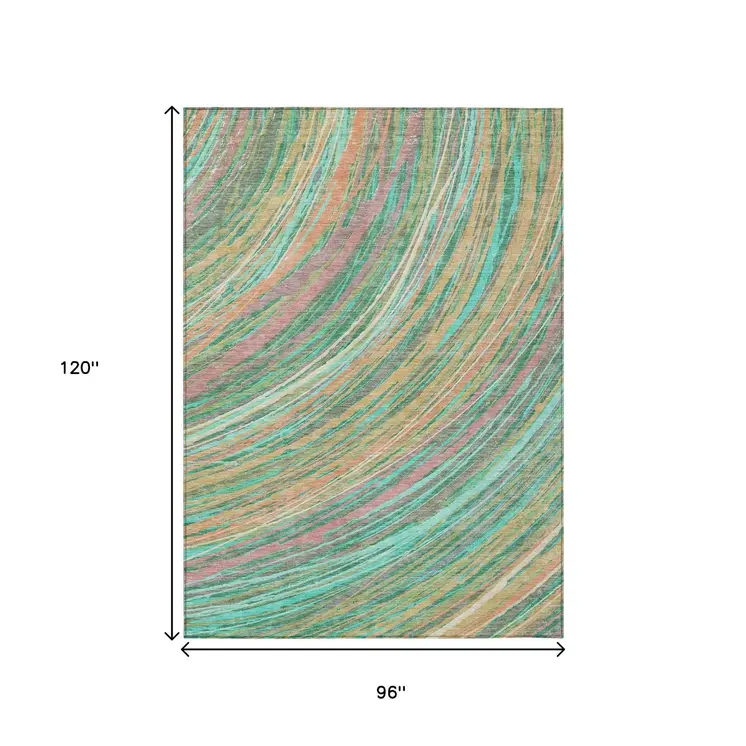 8' X 10' Teal Blue Pink And Peach Abstract Washable Indoor Outdoor Area Rug
