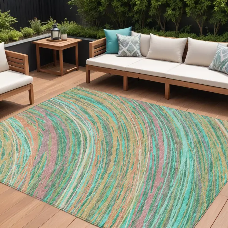 9' X 12' Teal Blue Pink And Peach Abstract Washable Indoor Outdoor Area Rug
