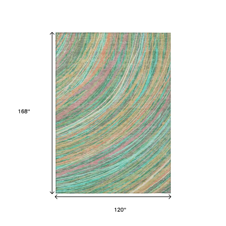 10' X 14' Teal Blue Pink And Peach Abstract Washable Indoor Outdoor Area Rug