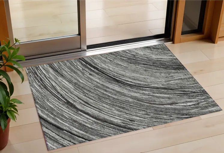 3' X 5' Taupe Charcoal And Ivory Abstract Washable Indoor Outdoor Area Rug