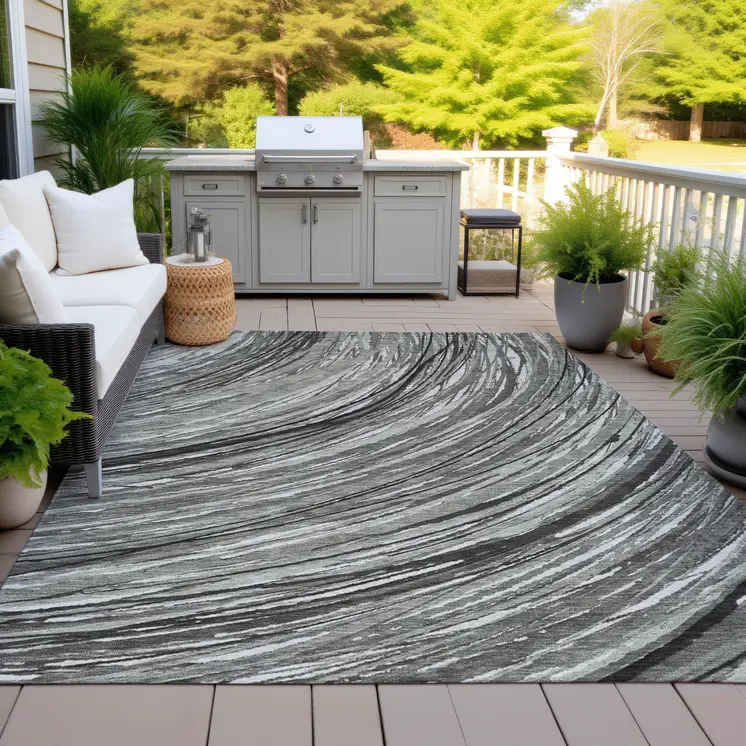 3' X 5' Taupe Charcoal And Ivory Abstract Washable Indoor Outdoor Area Rug