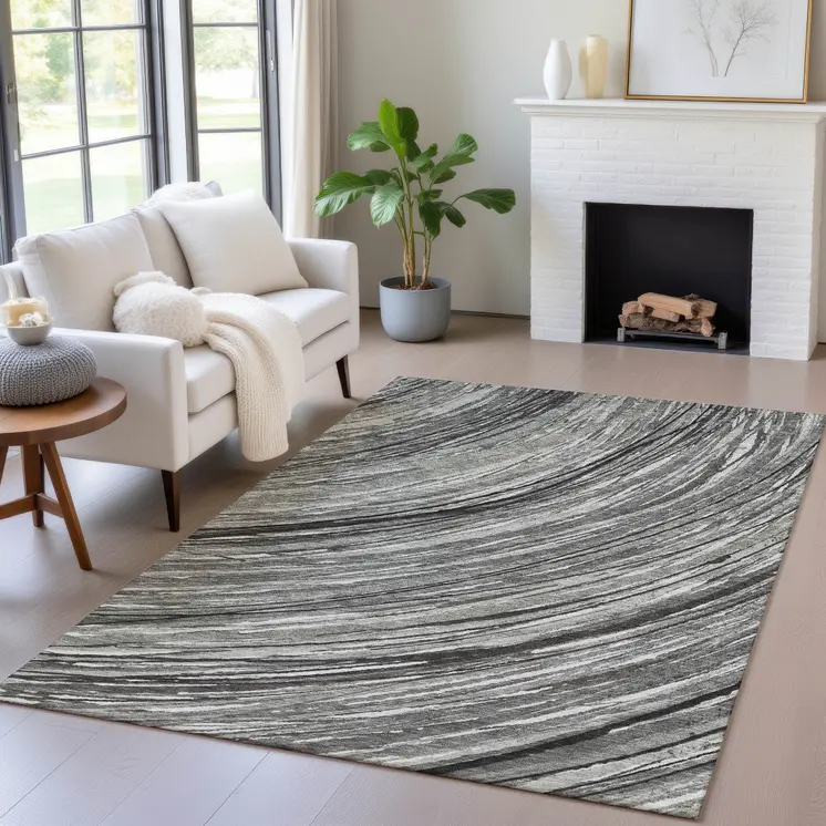 3' X 5' Taupe Charcoal And Ivory Abstract Washable Indoor Outdoor Area Rug