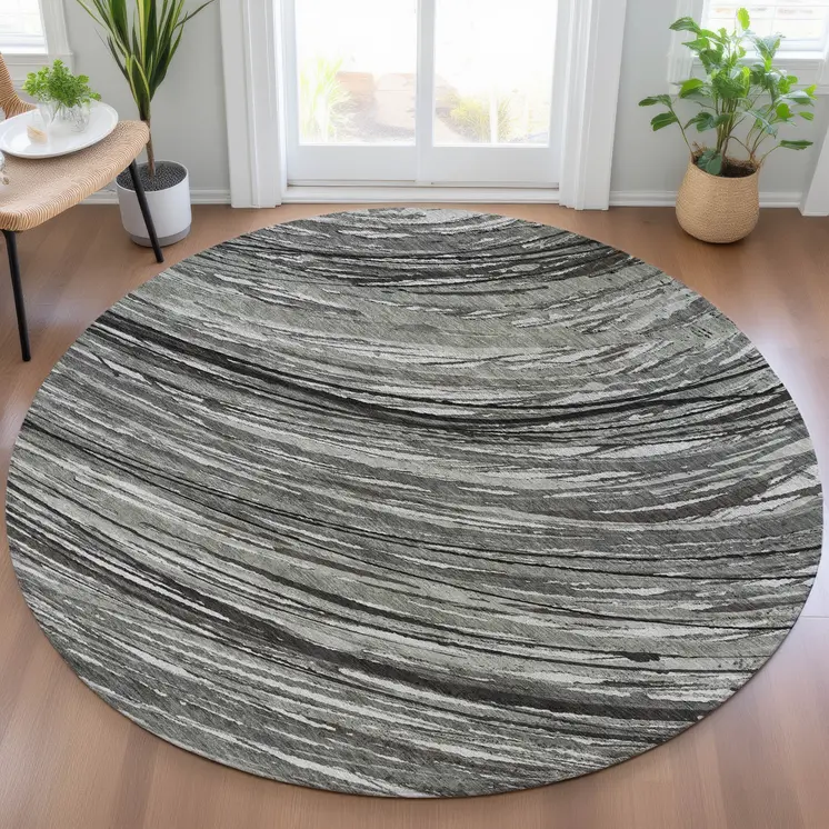 8' Taupe Charcoal And Ivory Round Abstract Washable Indoor Outdoor Area Rug