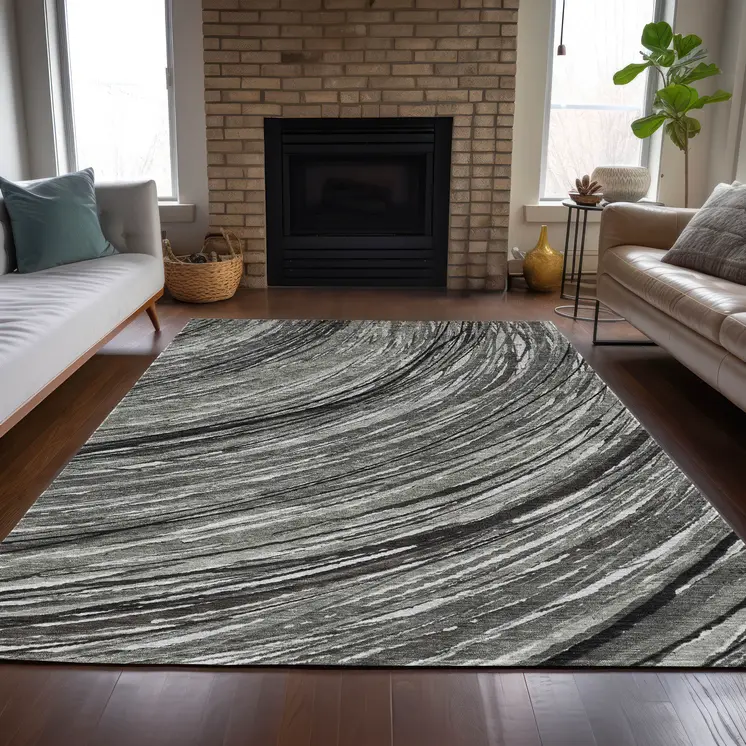 9' X 12' Taupe Charcoal And Ivory Abstract Washable Indoor Outdoor Area Rug