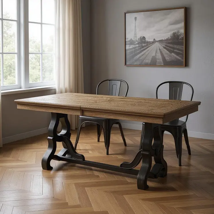 68" Brown and Black Wood and Metal Removable Leaf Trestle Base Extendable Dining Table