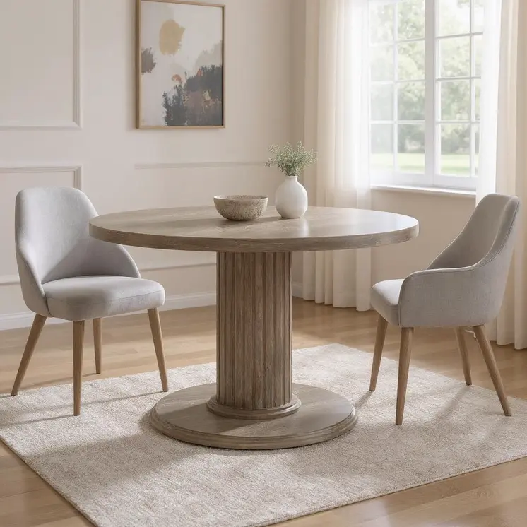 47" Gray Wood Pedestal Base Round Top Dining Table