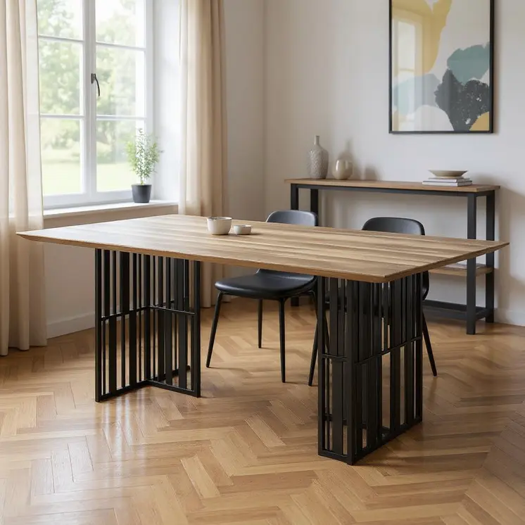 72" Oak and Black Wood and Metal Double Pedestal Base Dining Table