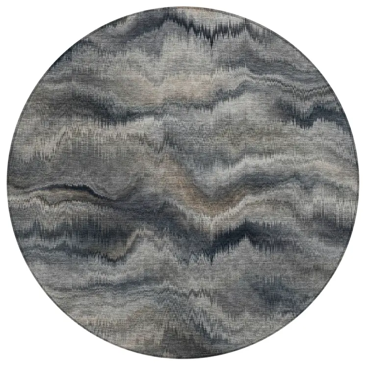 8' Gray And Silver Round Abstract Washable Indoor Outdoor Area Rug