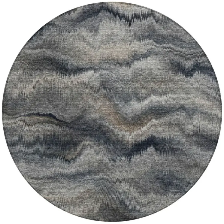 8' Gray And Silver Round Abstract Washable Indoor Outdoor Area Rug