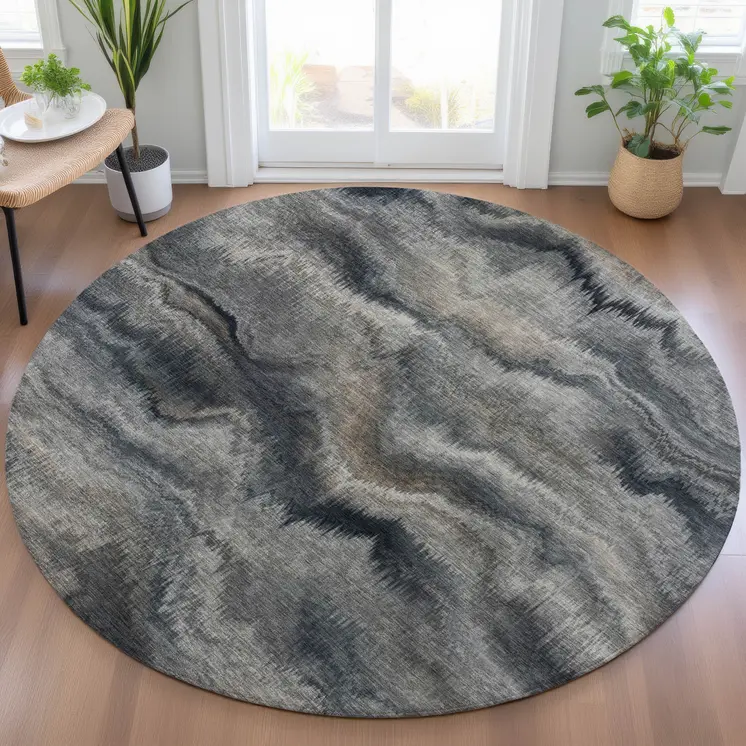 8' Gray And Silver Round Abstract Washable Indoor Outdoor Area Rug