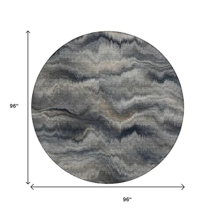 8' Gray And Silver Round Abstract Washable Indoor Outdoor Area Rug