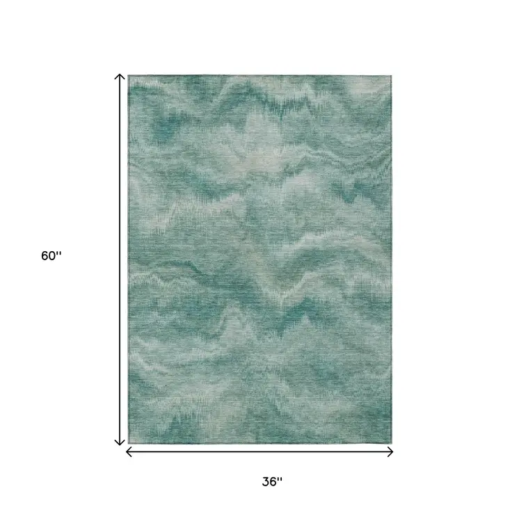 3' X 5' Teal Blue And Ivory Abstract Washable Indoor Outdoor Area Rug