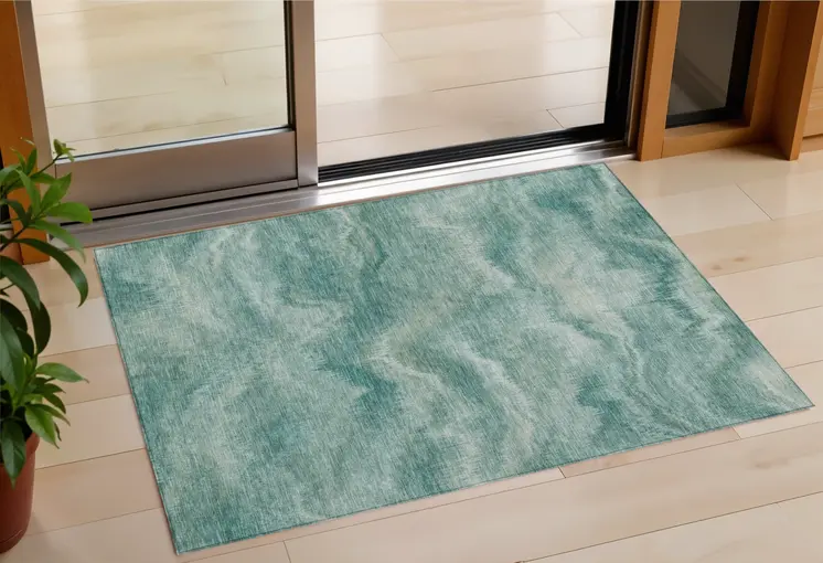 3' X 5' Teal Blue And Ivory Abstract Washable Indoor Outdoor Area Rug
