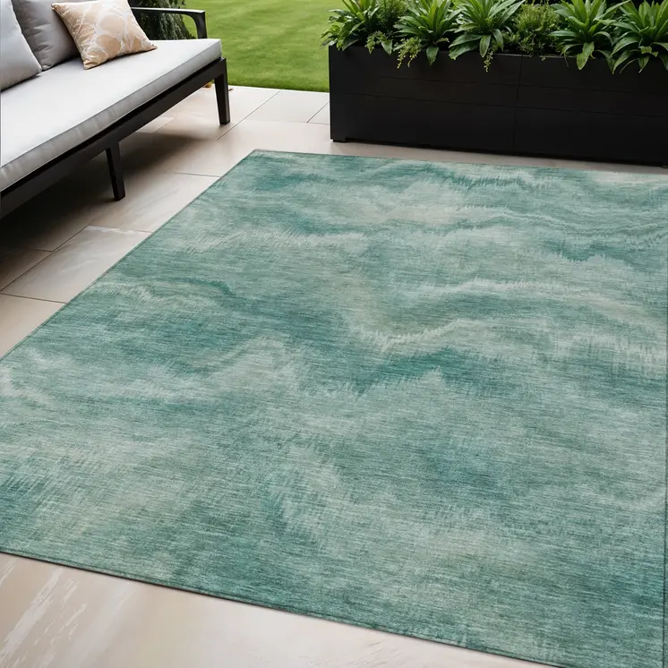 5' X 8' Teal Blue And Ivory Abstract Washable Indoor Outdoor Area Rug