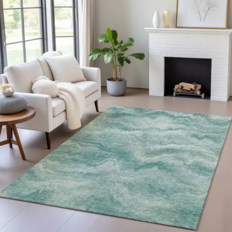 5' X 8' Teal Blue And Ivory Abstract Washable Indoor Outdoor Area Rug