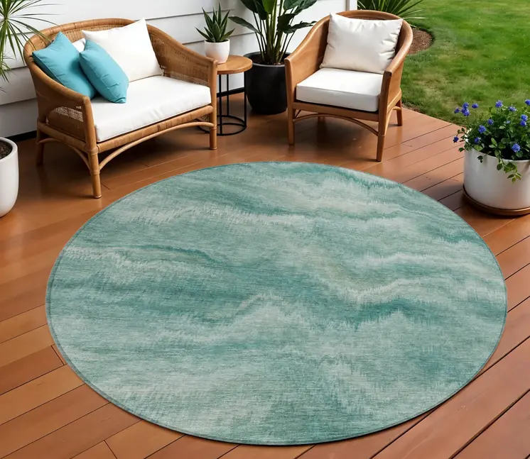 8' Teal Blue And Ivory Round Abstract Washable Indoor Outdoor Area Rug