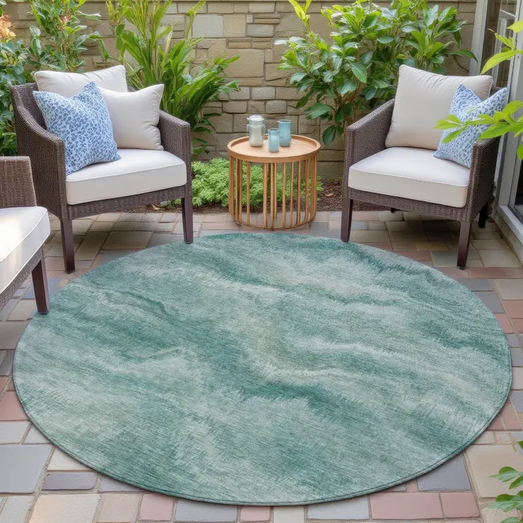 8' Teal Blue And Ivory Round Abstract Washable Indoor Outdoor Area Rug