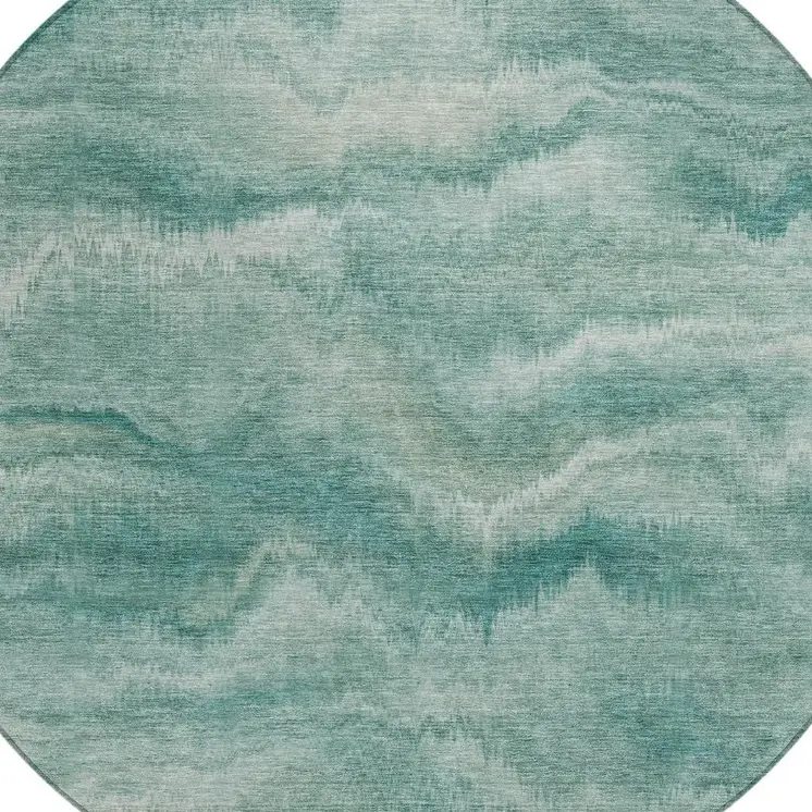 8' Teal Blue And Ivory Round Abstract Washable Indoor Outdoor Area Rug