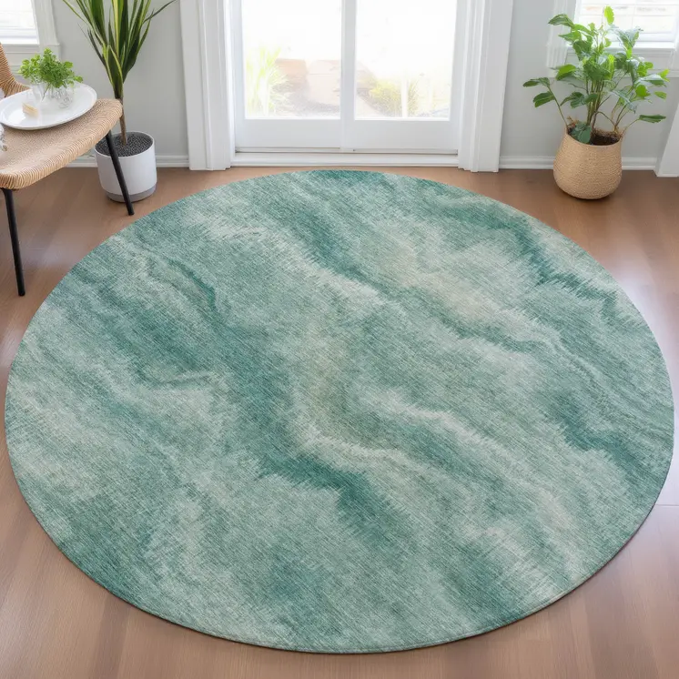 8' Teal Blue And Ivory Round Abstract Washable Indoor Outdoor Area Rug