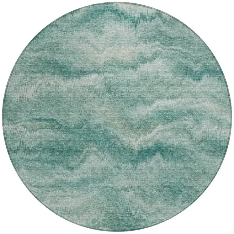 8' Teal Blue And Ivory Round Abstract Washable Indoor Outdoor Area Rug