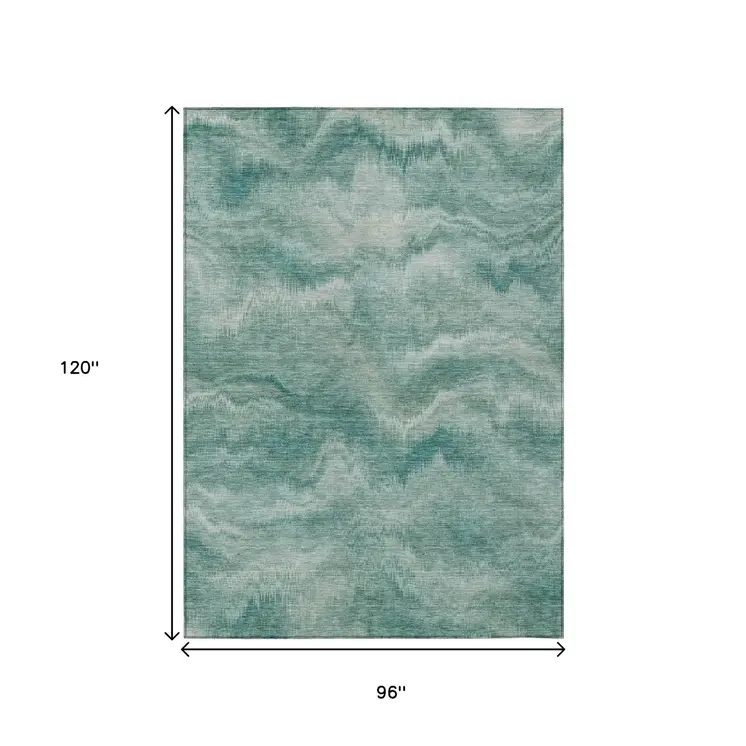 8' X 10' Teal Blue And Ivory Abstract Washable Indoor Outdoor Area Rug