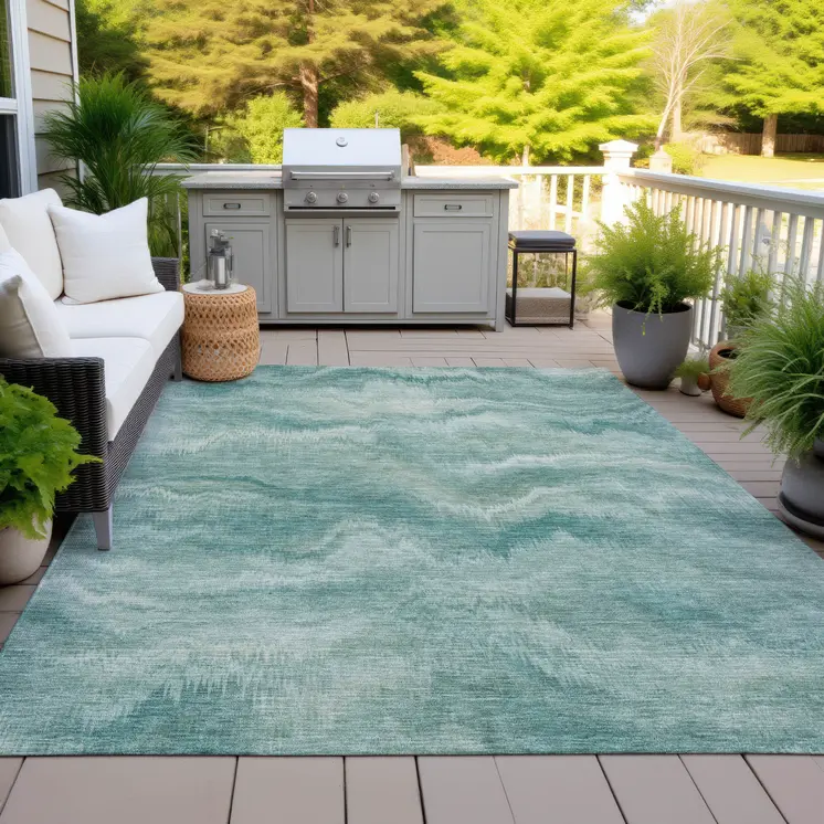 8' X 10' Teal Blue And Ivory Abstract Washable Indoor Outdoor Area Rug