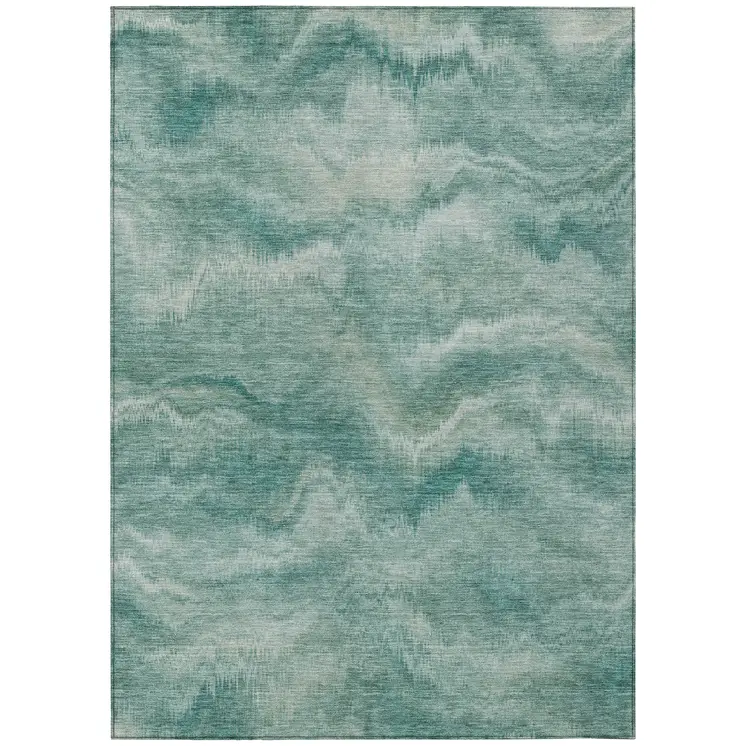 9' X 12' Teal Blue And Ivory Abstract Washable Indoor Outdoor Area Rug