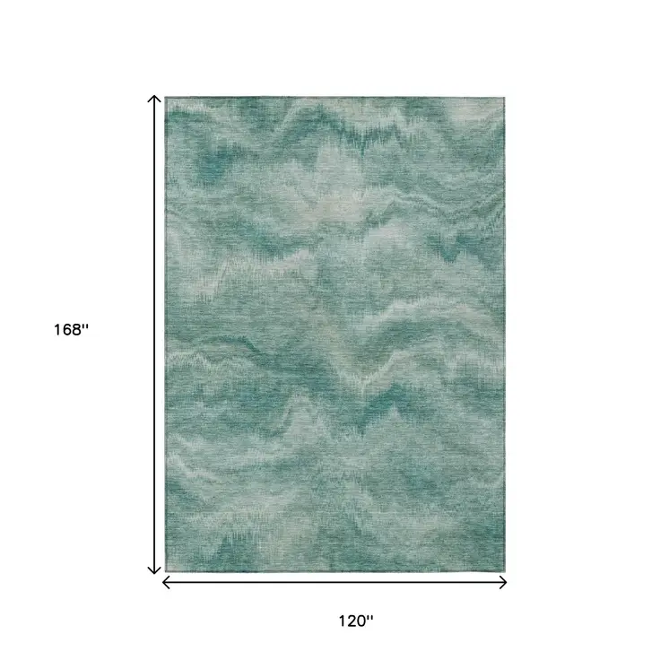 10' X 14' Teal Blue And Ivory Abstract Washable Indoor Outdoor Area Rug
