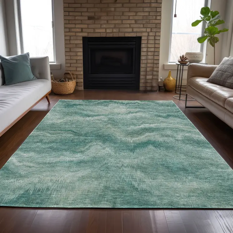 10' X 14' Teal Blue And Ivory Abstract Washable Indoor Outdoor Area Rug