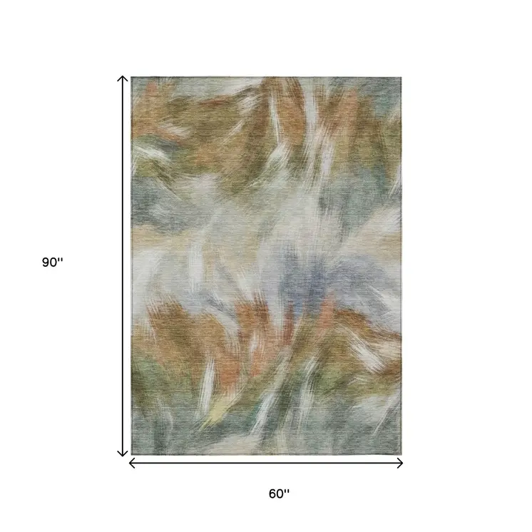 5' X 8' Beige And Copper Abstract Washable Indoor Outdoor Area Rug