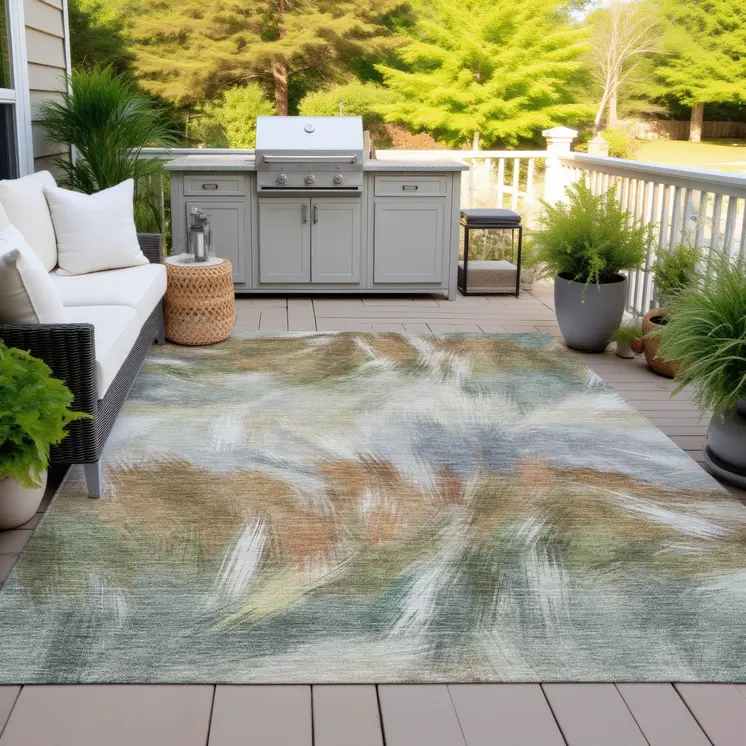 5' X 8' Beige And Copper Abstract Washable Indoor Outdoor Area Rug
