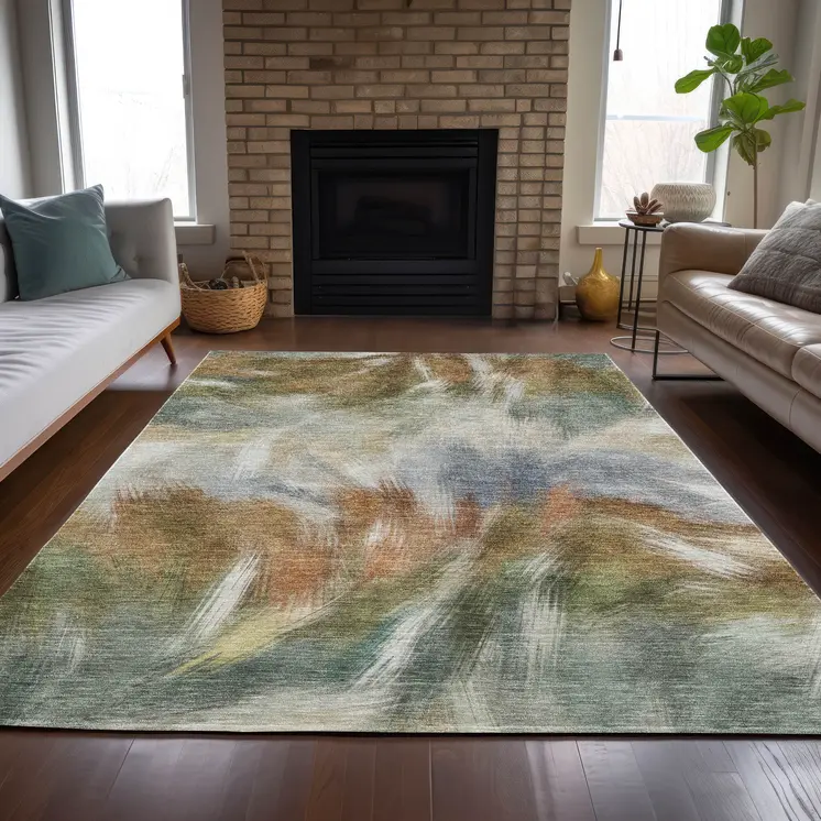5' X 8' Beige And Copper Abstract Washable Indoor Outdoor Area Rug