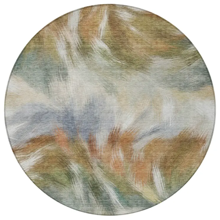 8' Beige And Copper Round Abstract Washable Indoor Outdoor Area Rug