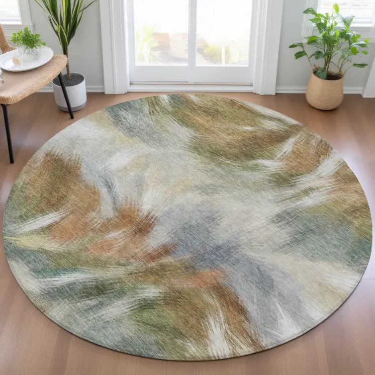 8' Beige And Copper Round Abstract Washable Indoor Outdoor Area Rug