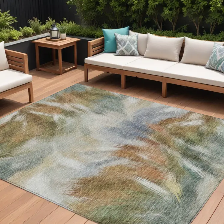 8' X 10' Beige And Copper Abstract Washable Indoor Outdoor Area Rug