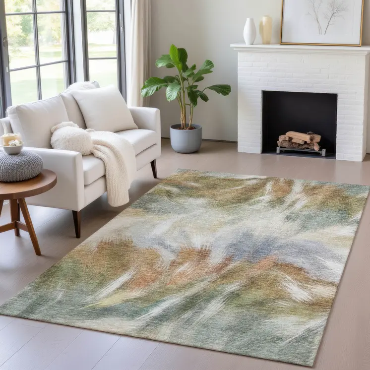 8' X 10' Beige And Copper Abstract Washable Indoor Outdoor Area Rug
