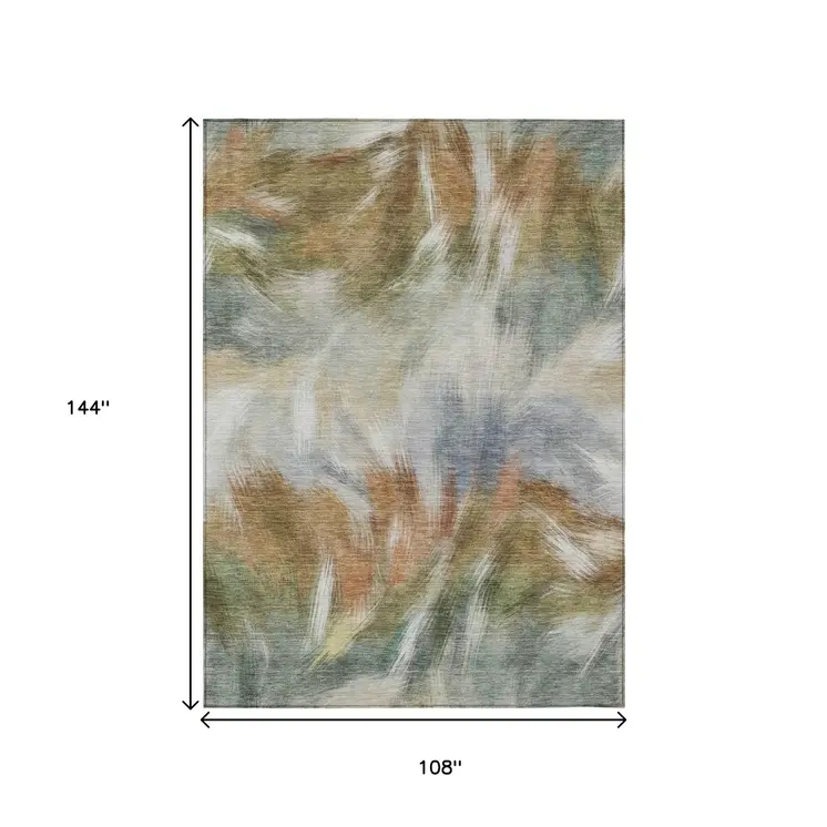 9' X 12' Beige And Copper Abstract Washable Indoor Outdoor Area Rug