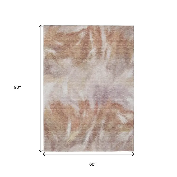 5' X 8' Copper And Ivory Abstract Washable Indoor Outdoor Area Rug