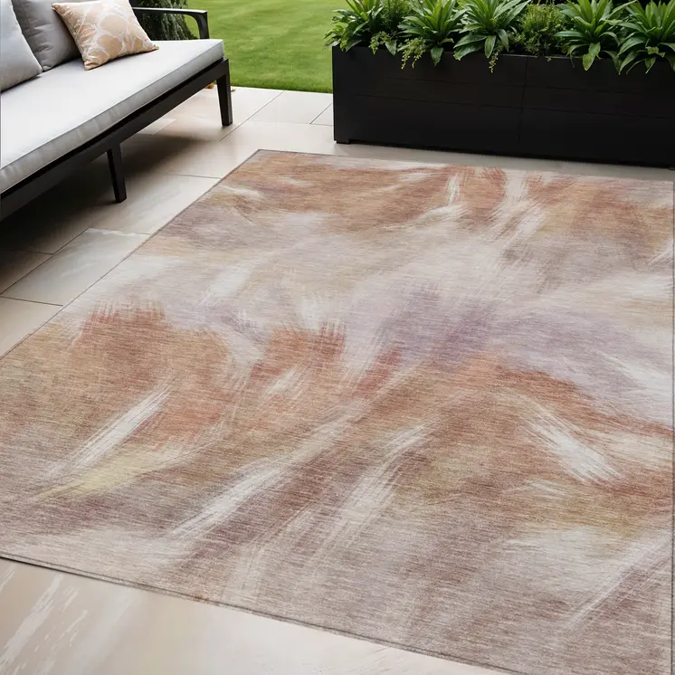 5' X 8' Copper And Ivory Abstract Washable Indoor Outdoor Area Rug