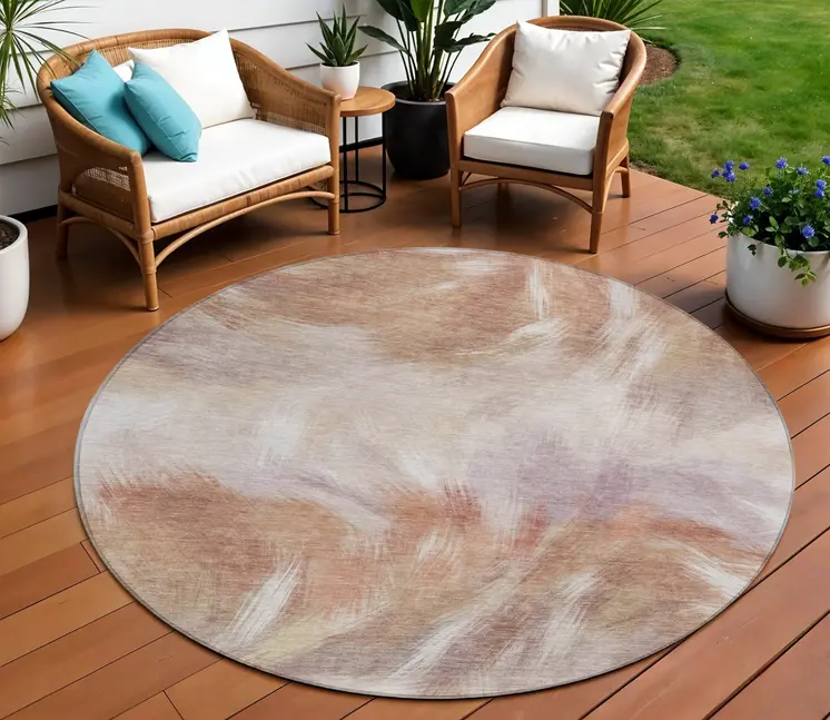 8' Copper And Ivory Round Abstract Washable Indoor Outdoor Area Rug