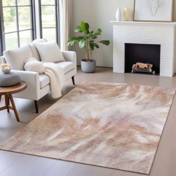 9' X 12' Copper And Ivory Abstract Washable Indoor Outdoor Area Rug