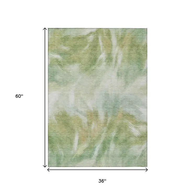 3' X 5' Green And Ivory Abstract Washable Indoor Outdoor Area Rug