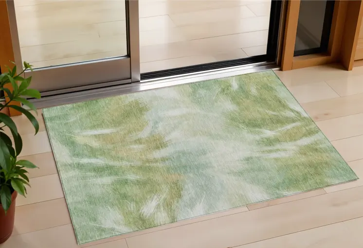 3' X 5' Green And Ivory Abstract Washable Indoor Outdoor Area Rug