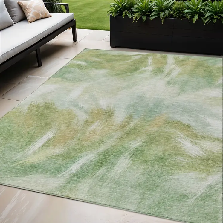 5' X 8' Green And Ivory Abstract Washable Indoor Outdoor Area Rug