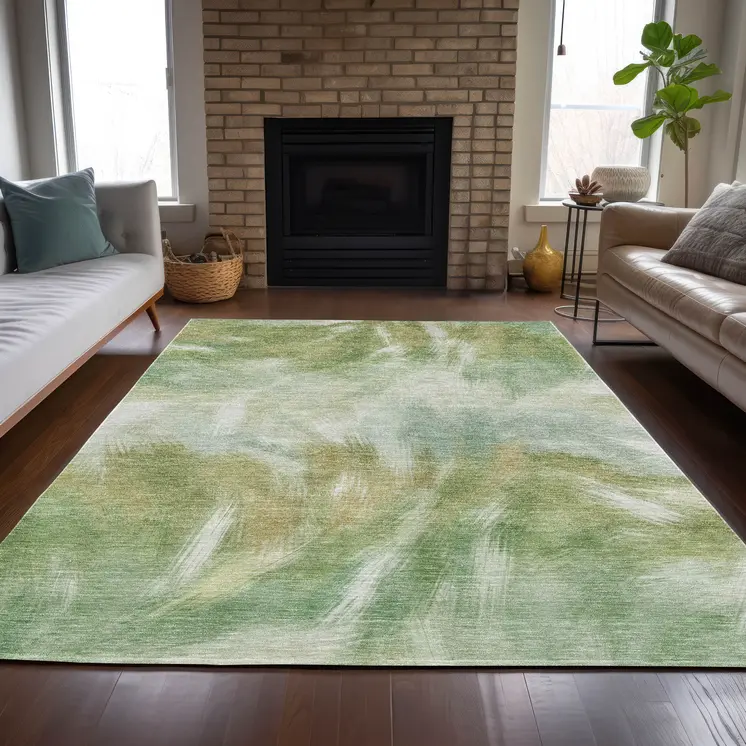 5' X 8' Green And Ivory Abstract Washable Indoor Outdoor Area Rug