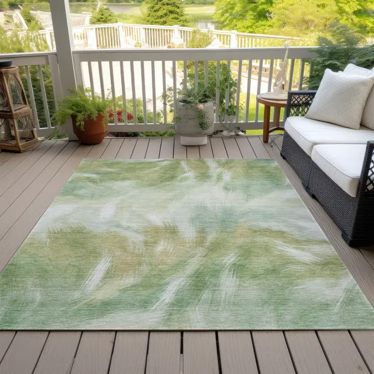 5' X 8' Green And Ivory Abstract Washable Indoor Outdoor Area Rug