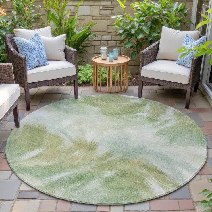 8' Green And Ivory Round Abstract Washable Indoor Outdoor Area Rug