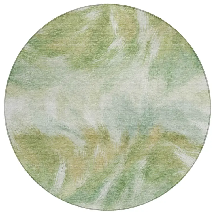 8' Green And Ivory Round Abstract Washable Indoor Outdoor Area Rug