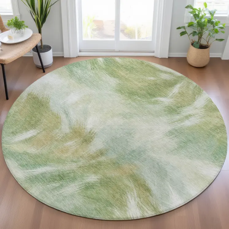8' Green And Ivory Round Abstract Washable Indoor Outdoor Area Rug